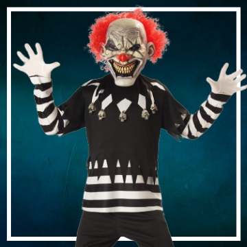 Déguisement clown tueur garçon (casaque à capuche, col, masque avec yeux  lumineux & sons de clown affreux) chez DeguizFetes.